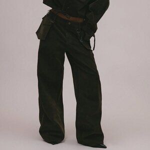 Army Green Casual Women's Velvet Denim Looped Hook On Pocket Detail Jeans